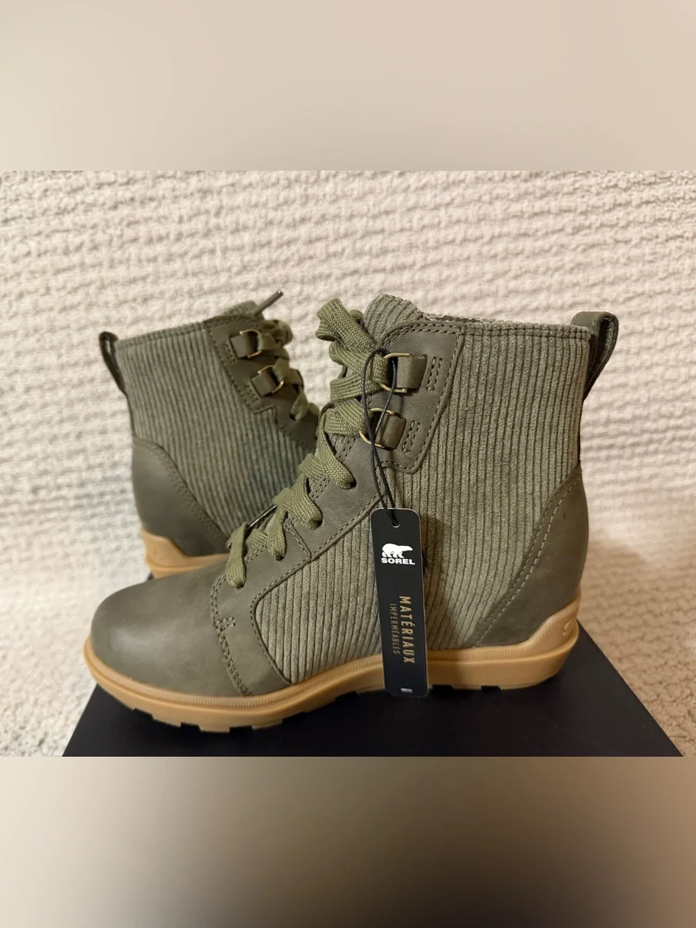 Sorel Women Size 5.5 Evie II NW Lace Stone Green Waterproof Wedge Booties Boots